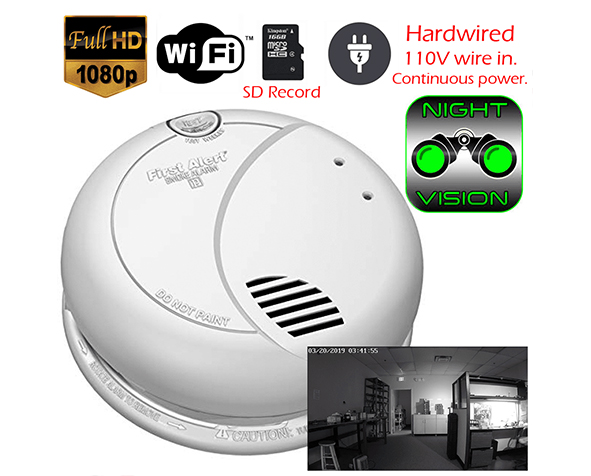 WiFi Smoke Detector IR Night Vision HD Spy Cam (110V AC Powered)